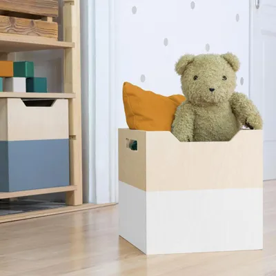 Produktbild von Aufbewahrungsbox aus Holz Modell 4 - mit Griffen - Weiß und naturholzfarben - 33 x 33 x 37 cm