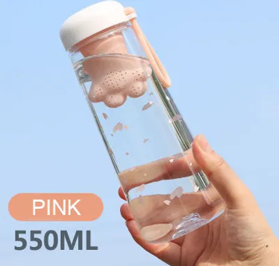 Produktbild von Kreative Nette Katze Krallen Mit Teefilter Kunststoff Tasse Kawaii Kirschblüten Tragbare Dicht Sport Wasser Flasche Für Mädchen, rosa, 550 ml