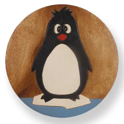 Produktbild von Tokoindah Kinderhocker Pinguin – Schemel aus Massivholz, in Handarbeit gefertigt & bemalt, runder Sitzhocker fürs Kinderzimmer