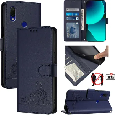 Produktbild von Leder Hülle für Xiaomi Redmi 7 Süße Katze Flip Case Brieftasche Schutzhülle mit Standfunktion Blau
