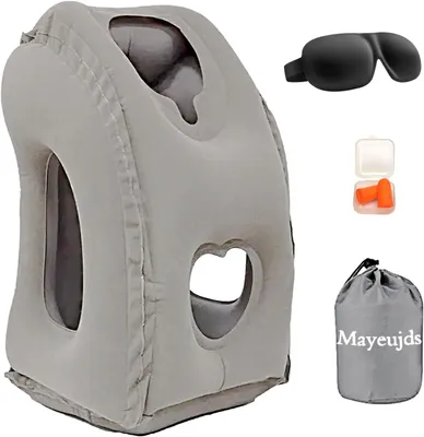 Obrázok produktu pre Nafukovací cestovný vankúš sivý, s opierkou krku a maskou, 20 s inflácia, pre lietadlo