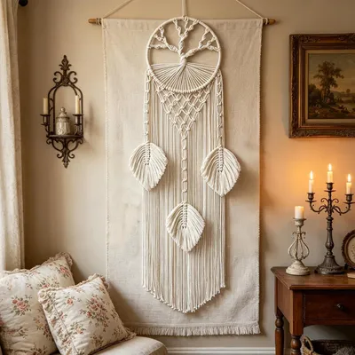 Imagen del producto de Tapiz de macramé con diseño de árbol de la vida, hecho a mano, de algodón, de gran tamaño, ideal para el dormitorio
