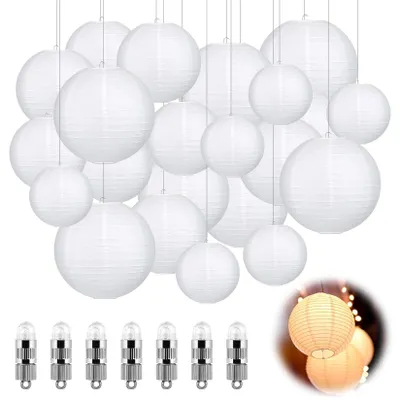 30 Papierlampions mit LED, Weiß, 15-30 cm, für Dekoration