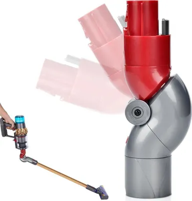 A Dyson vacuum cleaner accessory is shown, with a hand holding the main unit and the accessory attached to the wand. The accessory is also shown in isolation, demonstrating its articulation.