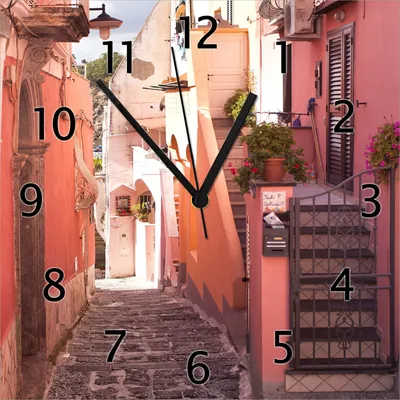 Produktbild von Wallario Design Wanduhr Südländische Gasse- Italien bei Sonnenschein aus Echtglas, Größe 30 x 30 cm