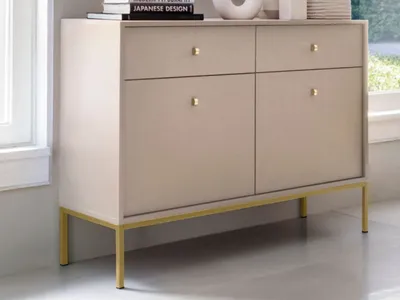 Produktbild von GrainGold Kommode Amor - Kommode mit Schubladen und Türen - Sideboard, TV-Kommode - Kommode Beige mit Golden Beinen