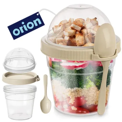 A salad cup with its components displayed separately, and the assembled cup filled with salad ingredients.