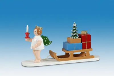 Produktbild von Holzfigur Engel mit Schlitten ohne Krone Höhe 6cm NEU