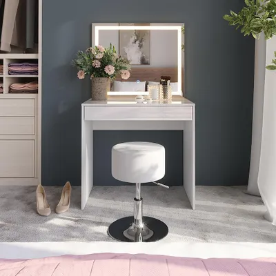 Zdjęcie produktu dla Stół do toalety Vicco Sherry Biały/biały wysoki połysk 81.4 cm z lustrem LED i stołkiem, Model 57677