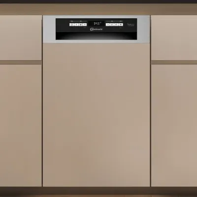 A built-in dishwasher integrated into kitchen cabinetry.