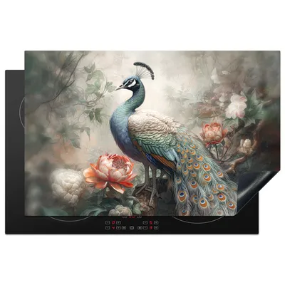 Produktbild von KitchenYeah© Herdabdeckplatte Pfau - Pfauenfedern - Vogel - Dschungel - Blumen , 80x52cm, Küche Deko, Glaskeramikkochfeld Herdabdeckung, Abdeckplatte fùr Kochfeld