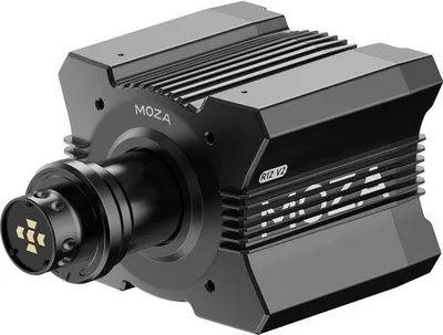 A black Moza R12 V2 direct drive wheel base is shown from a diagonal front-side angle against a white background.