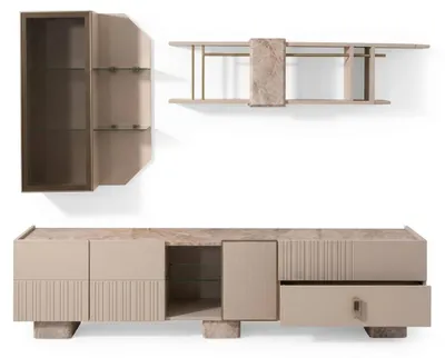Immagine prodotto di Televisore beige, mobile TV, scaffale, set di design, set per soggiorno