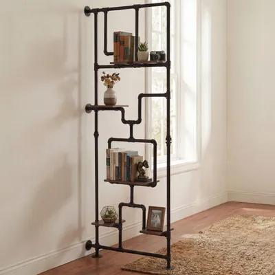 Immagine prodotto di Divisorio con scaffale HWC-P10, scaffale per soggiorno, scaffale portaoggetti, metallo industriale melaminico MVG 203x80x20cm ~ marrone