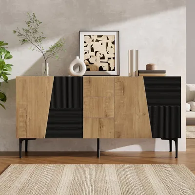 Productafbeelding van Dressoir 160x40x80, 4 deuren, 3 lades, ijzeren poten, houtlook