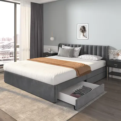 Produktbild von Flieks Polsterbett 180x200cm Doppelbett mit Lattenrost und 2 Schubladen, Stauraumbett Holzbett Funktionsbett Samt, ohne Matratze, Grau