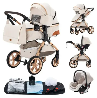 Obrázok produktu pre Kočík 3 v 1 – Biely – Skladací – Nastaviteľný – Vysoký hliníkový rám – 105 cm x 95 cm