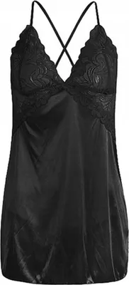 Produktbild von Satin-Pyjama - Damen - Nachtwäsche - Spitze - Nachthemd - Satin - Unterrock - Schwarz