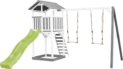 Produktbild von AXI Beach Tower Spielturm aus Holz in Weiß & Grau | Spielhaus für Kinder mit hellgrüner Rutsche, Doppelschaukel und Sandkasten | Stelzenhaus für den Garten