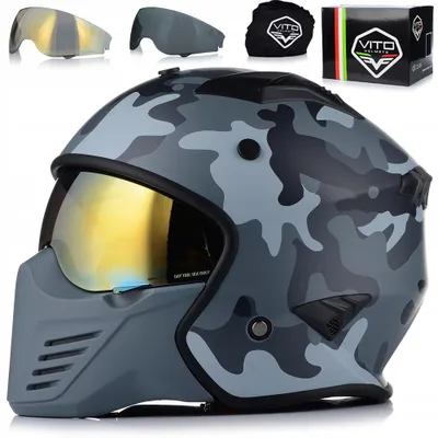 Obrázok produktu pre Vito Bruzano prilba s odnímateľnou bradou a slnečnou clonou | Motocyklová prilba / prilba na skúter | ECE 22.06 | Kamufláž | L (59 cm)