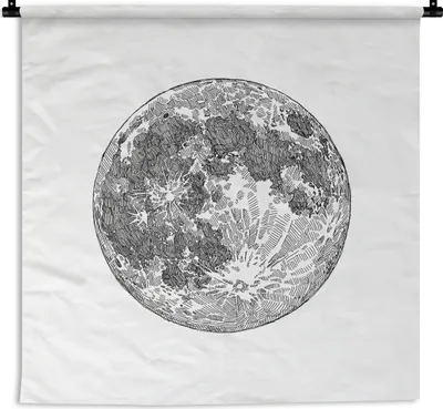 Produktbild von MuchoWow® Wandteppich Wandbehang Eine schwarz-weiße Illustration des Mondes 150x150 cm Tapisserie Dekoration Wandtuch - Wohnaccessoires - Modernes