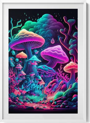 Produktbild von Neon-Pilze– Wandbild mit Rahmen – Gerahmtes Bild  – Wanddekoration – 70x100 cm –  Weiß Rahmen