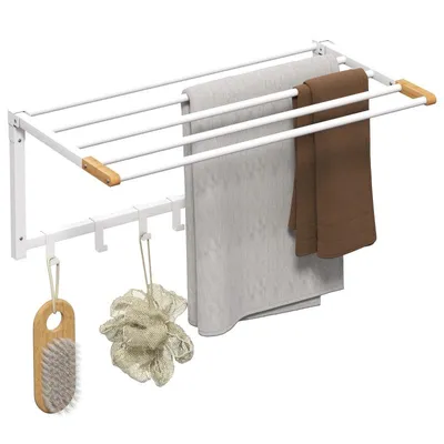 Produktbild von Handtuchhalter – Wandregal – Hängeregal – Klappbarer Wandhandtuchhalter – Badezimmer-Aufbewahrungsregal – Mit 6 Haken – 60 x 32,5 x 20 cm – Weiß