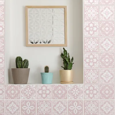 Produktbild von WALPLUS 24 Stück selbstklebende Fliesen 15 x 15 cm Abnehmbare Bad Fliesenaufkleber Hitzebeständiger Sevilla-Hellrosa-Spanisch-Wandfliesenaufkleber für Bad Küche