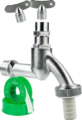 Produktbild von tecuro Auslaufventil 1/2 Zoll, Steckschlüssel-Oberteil, Schlauchtülle, Dichtband, MS mattverchromt
