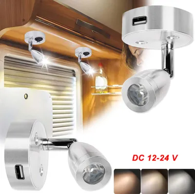 Produktbild von 2 kusy 12V LED bodové svítidlo stropní reflektor s dotykovým spínačem USB připojení nástěnné světlo pro karavan karavan loď karavan obytný automobil, 3 barvy světla