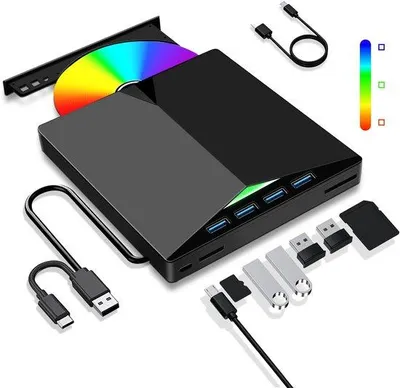 Image de Lecteur CD/DVD externe multifonctionnel avec connexion USB 3.0 rapide et adaptateur pour carte SD intégré