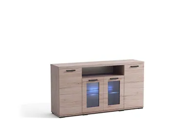 Produktbild von Kommode KIANO III mit Türen und Regal, Vitrinen Sideboard mit Stauraum und 2 Glastüren, Wohnzimmerschrank für Wohnzimmer und Esszimmer, Eiche Sanremo