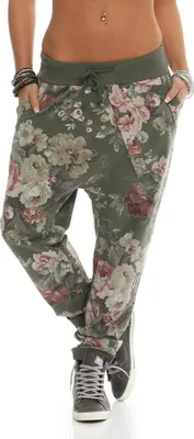 Produktbild von 130 Damen Jogginghose Hose Sweatpants Baumwolle Freizeithose Boyfriend Baggy Haremshose Einheitsgröße (36-40)  Blumen Muster Print, Oliv