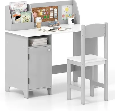 Imagen del producto de Conjunto de escritorio infantil, escritorio para niños con silla de madera, escritorio escolar con estantería, armario y panel de anuncios, escritorio juvenil para niños a partir de 3 años (gris)