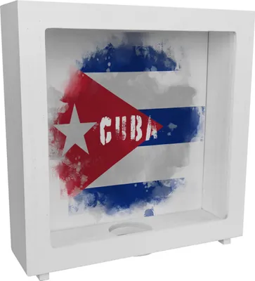 Produktbild von Rahmen Spardose aus Holz mit Kuba-Flagge im Used Look - Sparschwein für Urlauber