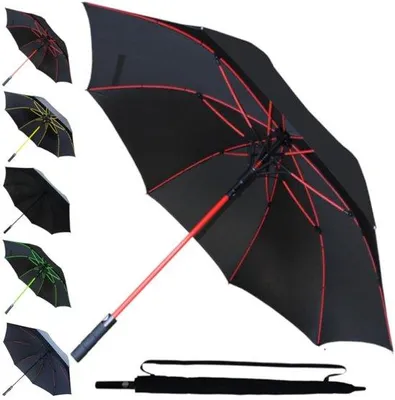 Productafbeelding van Unyqoos® Grote, windbestendige golfparaplu, 154 cm, automatische opening, glasvezelstok, zwart met rode accenten, 98 cm ingeklapt