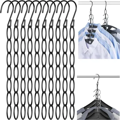 Produktbild von Platzsparende Kleiderbügel – 10 Stück – Metallkette – Schrankorganizer – Für bis zu 70 Kleidungsstücke – Mehrfachbügel – Kleiderbügel – Schwarz