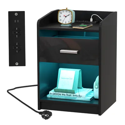 Produktbild von LED Nachttisch mit Steckdose & USB,Nachtkommode mit Schubladen und offenes Fach,Front Hochglanz Nightstand Kommode Beistelltisch 40x35x58cm Schwarz