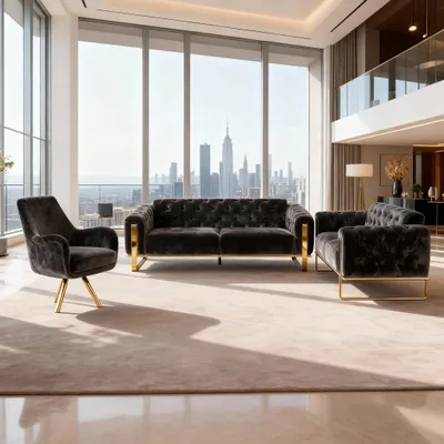 Produktbild von Sofa Set Liva 3+2+1 in Velvet-Stoff, 3-Sitzer mit Schlaffunktion I Dunkelgrau-Gold