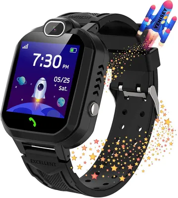 A black smartwatch with a colorful space-themed screen display, with a cartoon rocket ship and stars emanating from the watch.