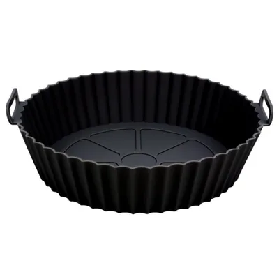 Produktbild von PRECORN Silikonform Ø 20 cm für Heißluftfritteuse - Airfryer Einsatz im Grillpfannen-Design mit Griffen rund, spülmaschinenfest & BPA-frei in schwarz