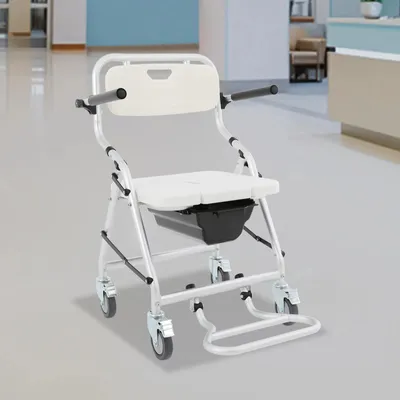 Produktbild von Faltbarer Toilettenstuhl - Dusch- und Toilettenrollstuhl - Mit Eimer - Aluminiumlegierung - Mit Rädern - Für Senioren und Behinderte
