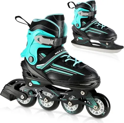 A pair of inline skates and ice skates are shown on a white background.
