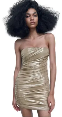 Produktbild von Zara Damen-Minikleid trägerlos drapiert gold Cocktailkleid S