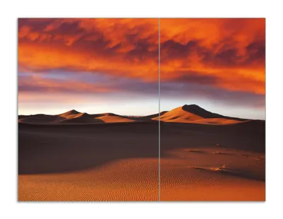 Produktbild von Wallario Herdabdeckplatte aus Glas, Größe 70 x 52 cm 2-teilig, Motiv Sahara Wüste II - Sanddünen im Sonnenuntergang