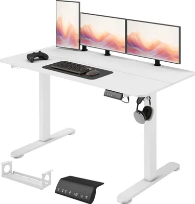 Zdjęcie produktu dla Biurko komputerowe Vinsetto 140 x 70 cm z regulacją wysokości i 4 ustawieniami pamięci. Ergonomiczne biurko do pracy na siedząco i stojąco z haczykiem, antykolizyjne, białe.