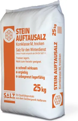 A white bag of rock salt for de-icing roads.