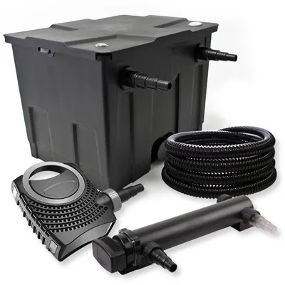 Zdjęcie produktu dla Kompletny zestaw SunSun: filtr do oczka wodnego CBF-350 do 12000 l jako filtr przepływowy, pompa do oczka wodnego CTF-8000 SuperECO 8000 l/h 70 W, odstojnik do oczka wodnego CUV-336 z odstojnikiem UVC 36 W, 25 m wąż do oczka wodnego 25 mm