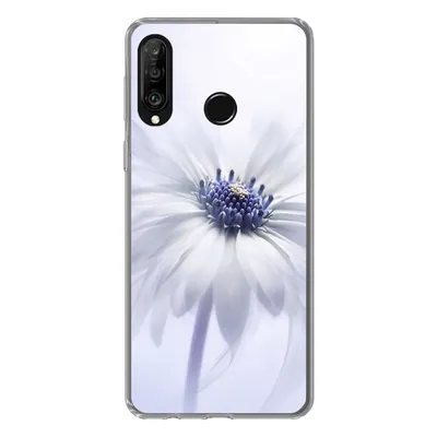 A clear product shot of a phone case with a white flower design.