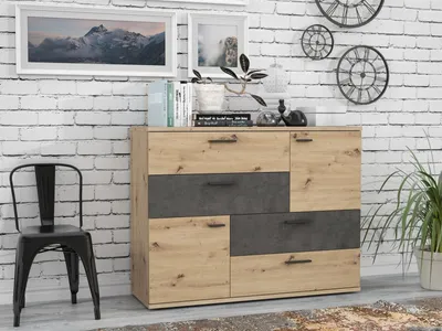 Image de Sideboard >Skive< 4 Schubladen, 2 Türen, in Betonoptik / Artisan Eiche Dekor - 124,9x95,9x41,3cm B/H/T